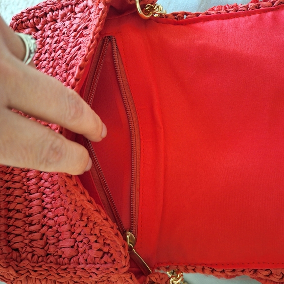 LOFT  Red Paper Straw Pom Pom Small Handbag - Picture 6 of 7